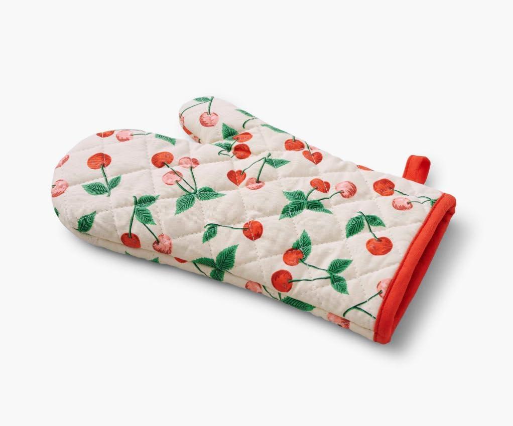 imageRIFLE PAPER CO Cherries Oven Mitt and Potholder Set Kitchen Protection with HandPainted Cherry Design Cotton Shell ampamp Polycotton Lining HeatResistant Diamond Quilted Protects up to 450F