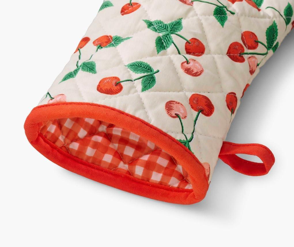 imageRIFLE PAPER CO Cherries Oven Mitt and Potholder Set Kitchen Protection with HandPainted Cherry Design Cotton Shell ampamp Polycotton Lining HeatResistant Diamond Quilted Protects up to 450F