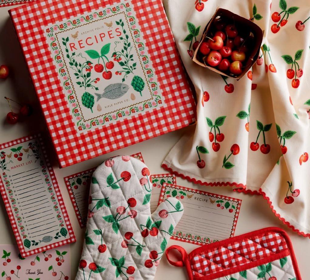 imageRIFLE PAPER CO Cherries Oven Mitt and Potholder Set Kitchen Protection with HandPainted Cherry Design Cotton Shell ampamp Polycotton Lining HeatResistant Diamond Quilted Protects up to 450F