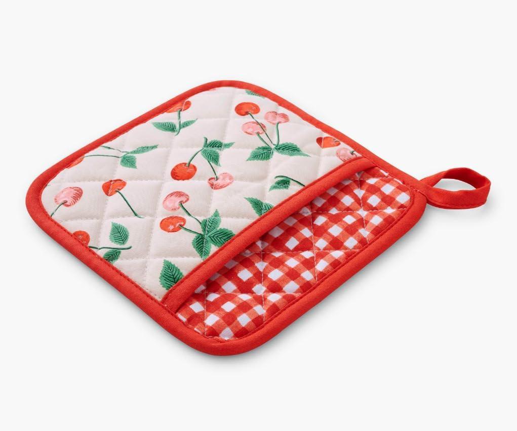 imageRIFLE PAPER CO Cherries Oven Mitt and Potholder Set Kitchen Protection with HandPainted Cherry Design Cotton Shell ampamp Polycotton Lining HeatResistant Diamond Quilted Protects up to 450F