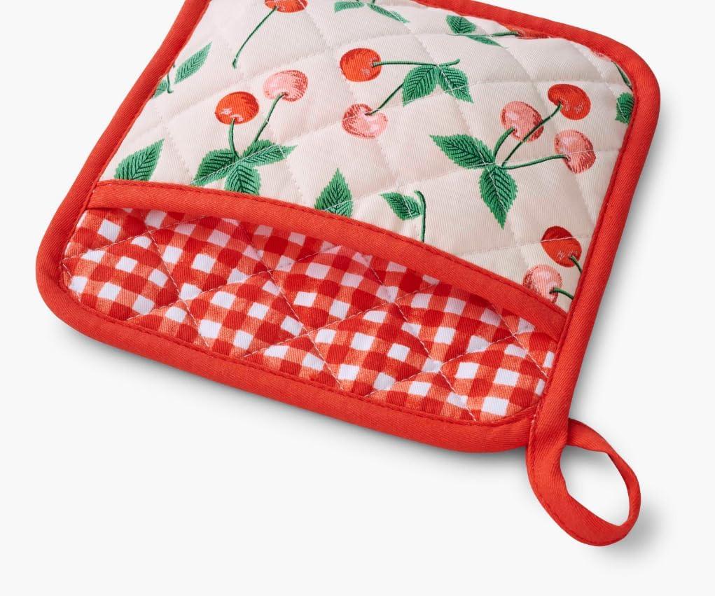 imageRIFLE PAPER CO Cherries Oven Mitt and Potholder Set Kitchen Protection with HandPainted Cherry Design Cotton Shell ampamp Polycotton Lining HeatResistant Diamond Quilted Protects up to 450F