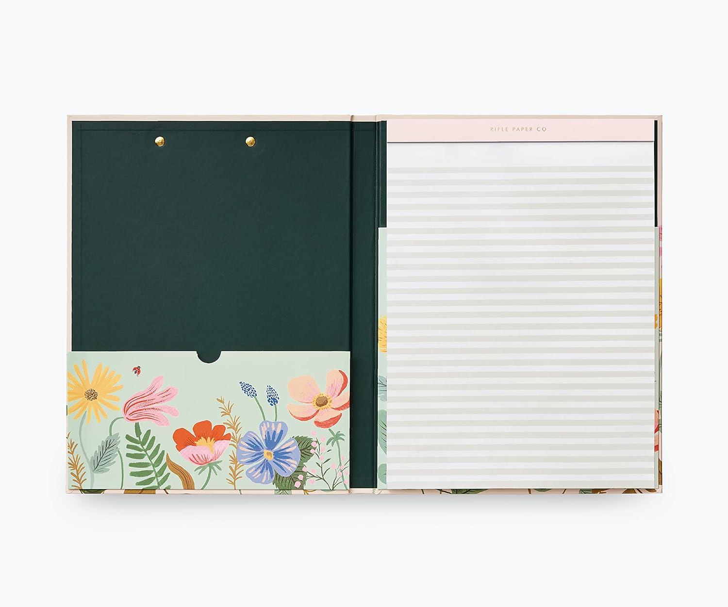 imageRIFLE PAPER CO Clipfolio Illustrated Hardcover and Contrasting Interior Features Strong Gold Clip on The Front Comes with Writing Pad with 50 Lined Perforated Sheets Strawberry Fields