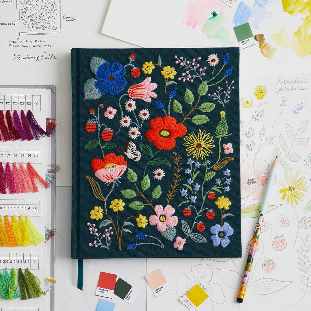 imageRIFLE PAPER CO Curio Embroidered Fabric Sketchbook 108 Blank Pages Grosgrain Ribbon Bookmark and LayFlat Binding Book Cloth Cover with 160 GSM Sketch Paper 1025quot L x 825quot WStrawberry Fields