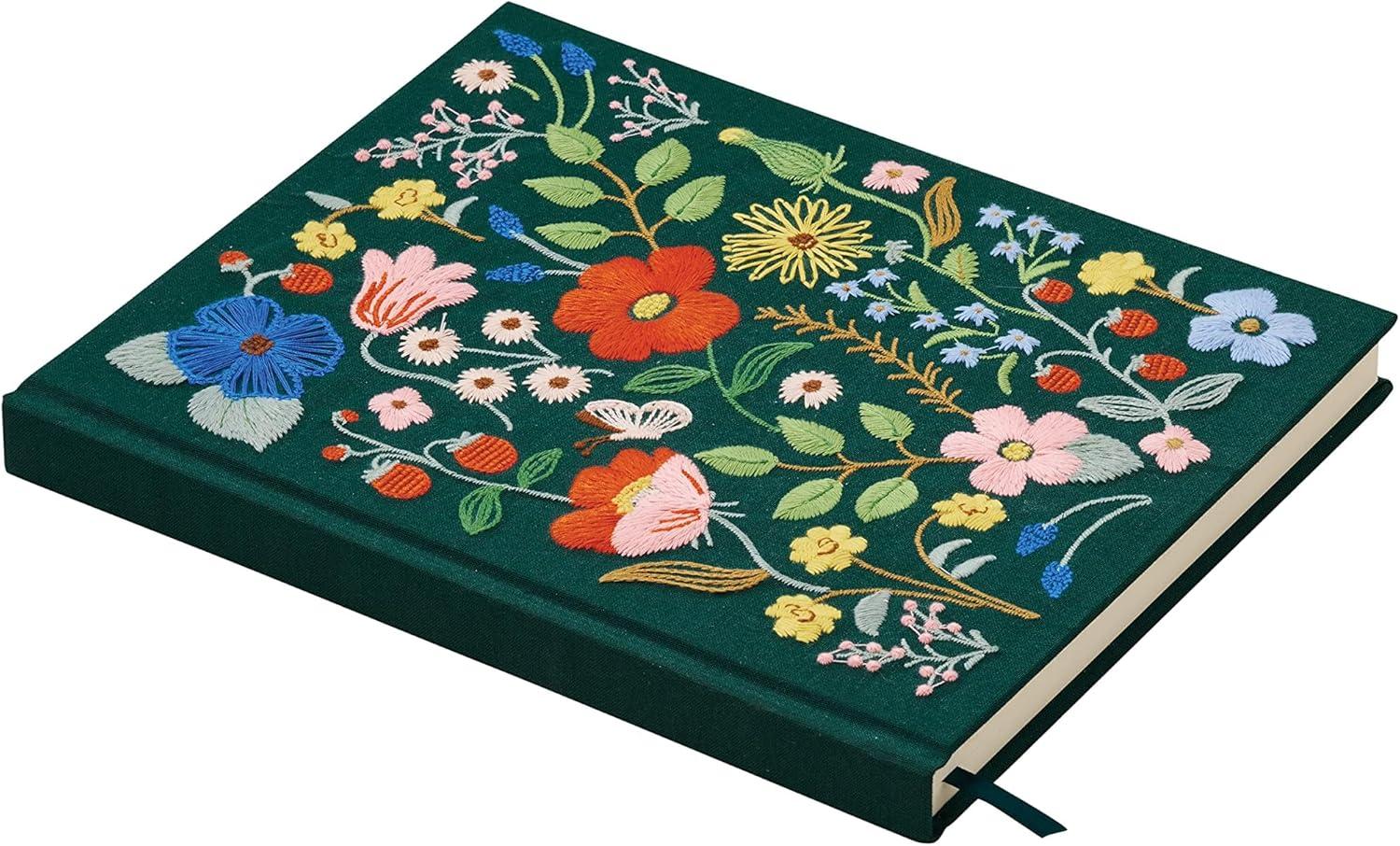 imageRIFLE PAPER CO Curio Embroidered Fabric Sketchbook 108 Blank Pages Grosgrain Ribbon Bookmark and LayFlat Binding Book Cloth Cover with 160 GSM Sketch Paper 1025quot L x 825quot WStrawberry Fields