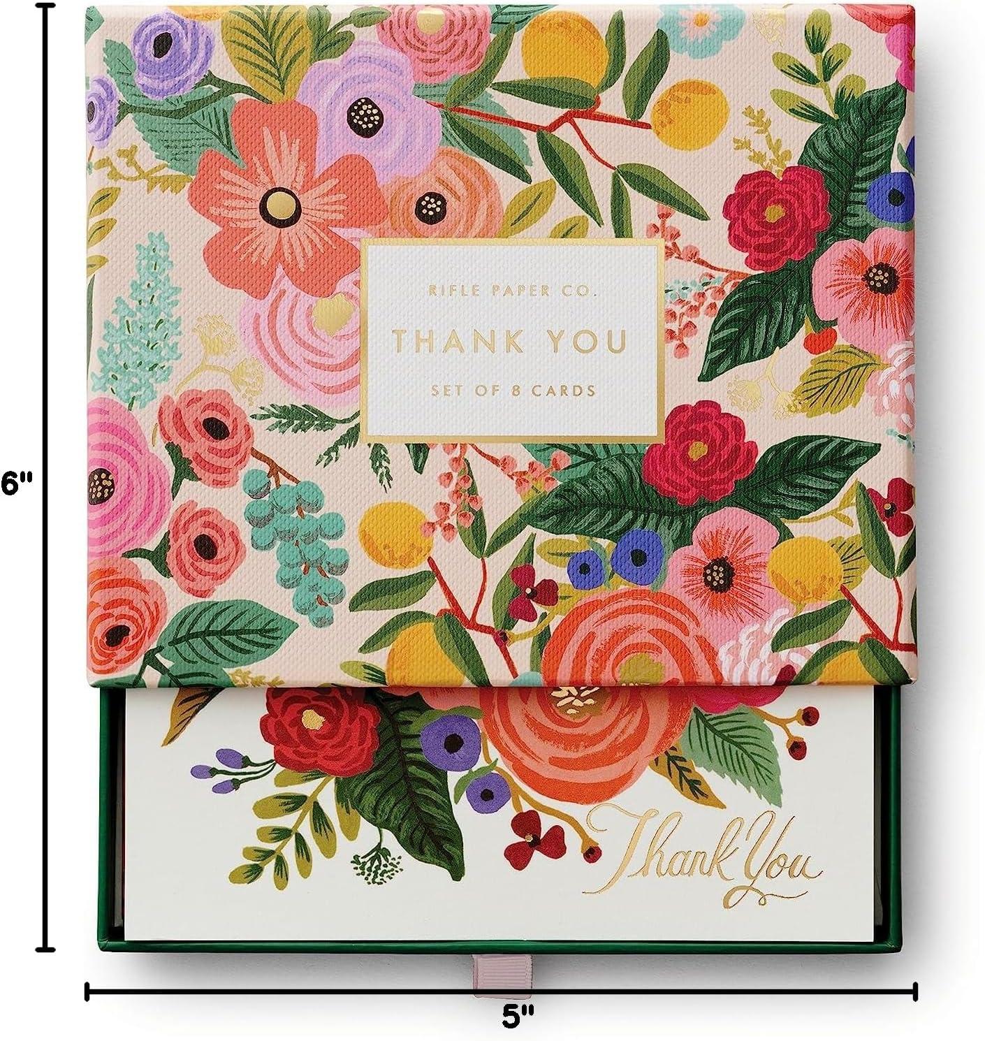 imageRIFLE PAPER CO Curio Thank You Keepsake Card Boxed Set of 8 425quot L x 55quot W Blank Interior Lets Your Thoughtful Handwritten Note Take Center Stage Crafted in the USAGarden Party
