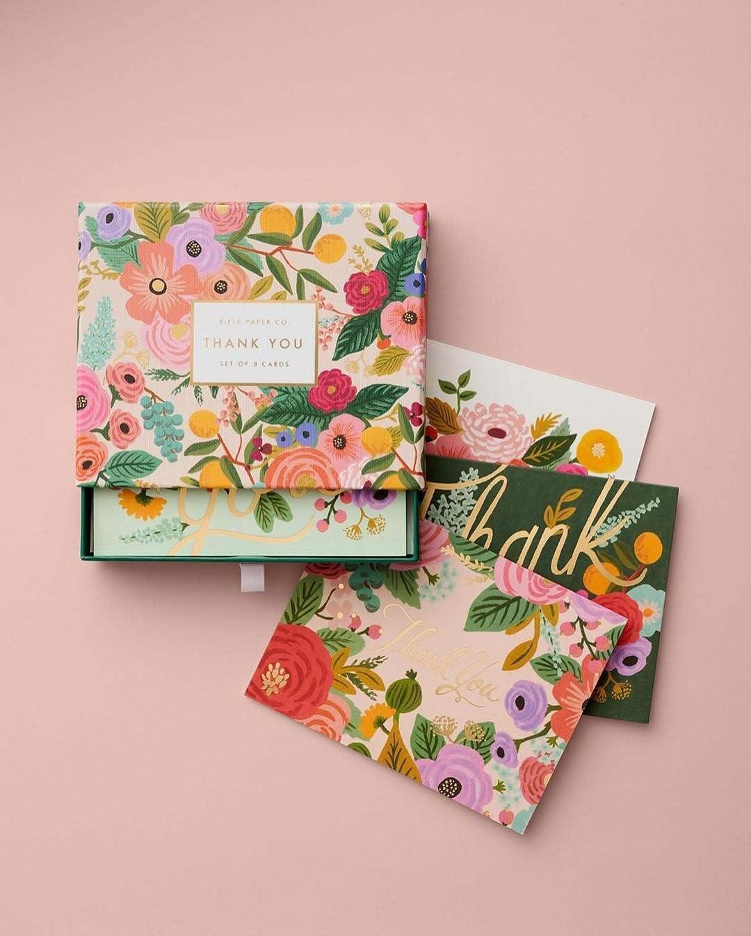 imageRIFLE PAPER CO Curio Thank You Keepsake Card Boxed Set of 8 425quot L x 55quot W Blank Interior Lets Your Thoughtful Handwritten Note Take Center Stage Crafted in the USAGarden Party