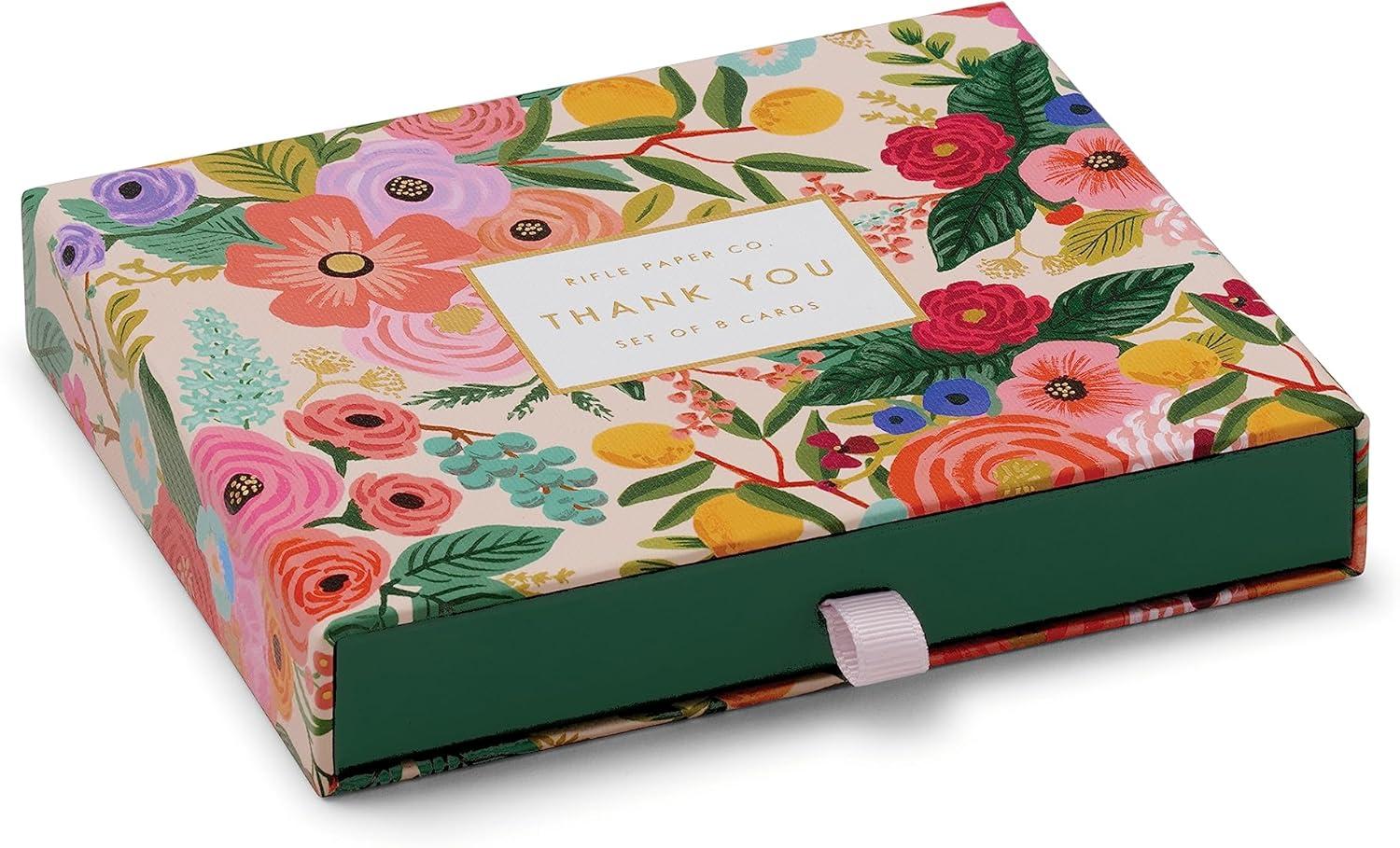 imageRIFLE PAPER CO Curio Thank You Keepsake Card Boxed Set of 8 425quot L x 55quot W Blank Interior Lets Your Thoughtful Handwritten Note Take Center Stage Crafted in the USAGarden Party