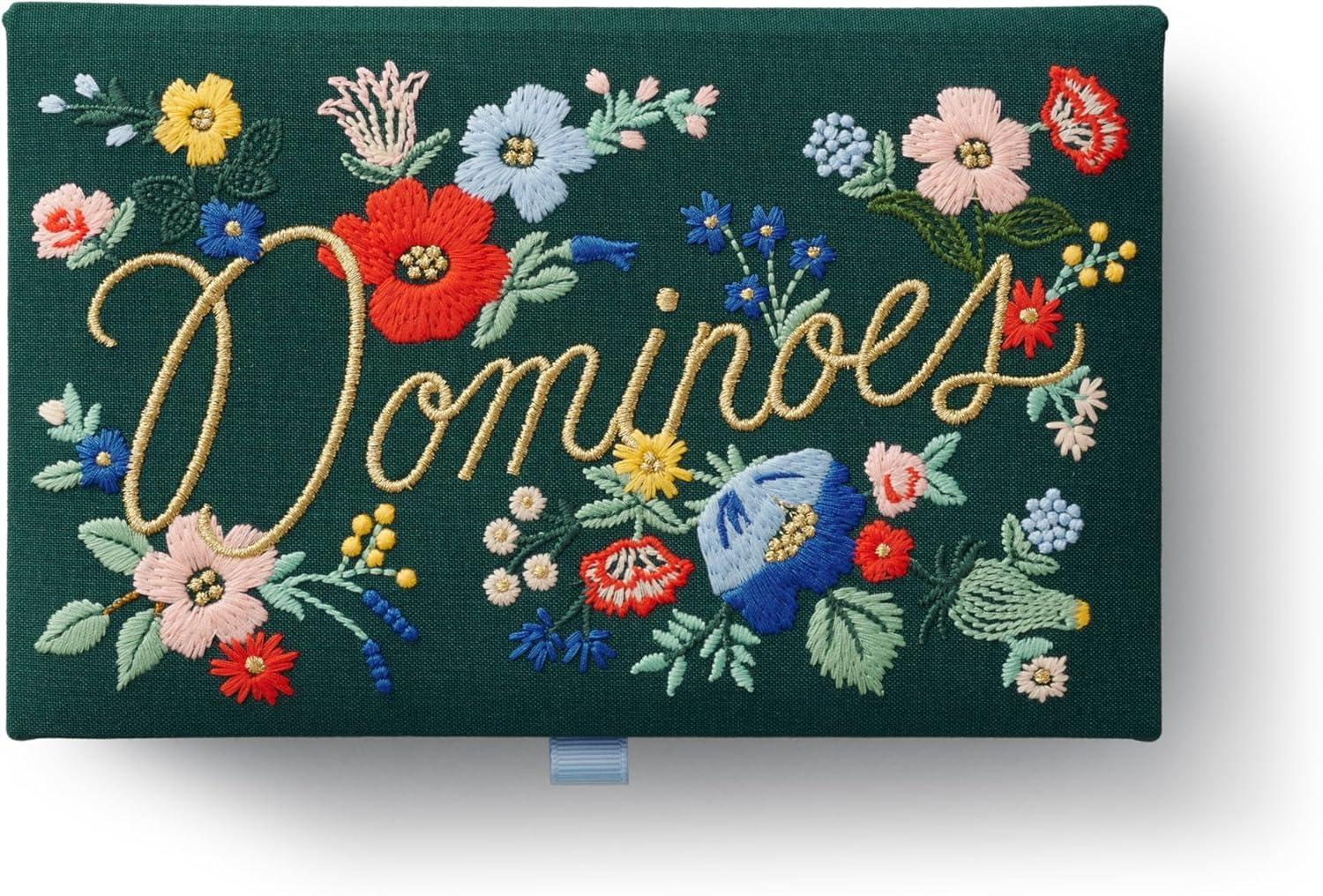 imageRIFLE PAPER CO Dominoes Set 28 Dominoes with Illustrated Designs Packaged in Embroidered Keepsake Box Includes Instruction Card for Games Strawberry Fields