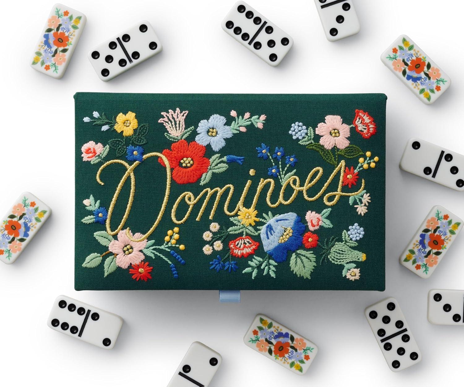 imageRIFLE PAPER CO Dominoes Set 28 Dominoes with Illustrated Designs Packaged in Embroidered Keepsake Box Includes Instruction Card for Games Strawberry Fields