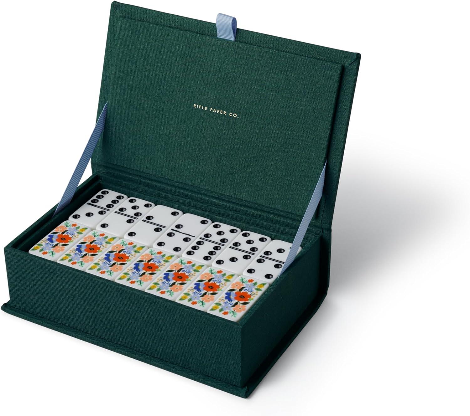 imageRIFLE PAPER CO Dominoes Set 28 Dominoes with Illustrated Designs Packaged in Embroidered Keepsake Box Includes Instruction Card for Games Strawberry Fields