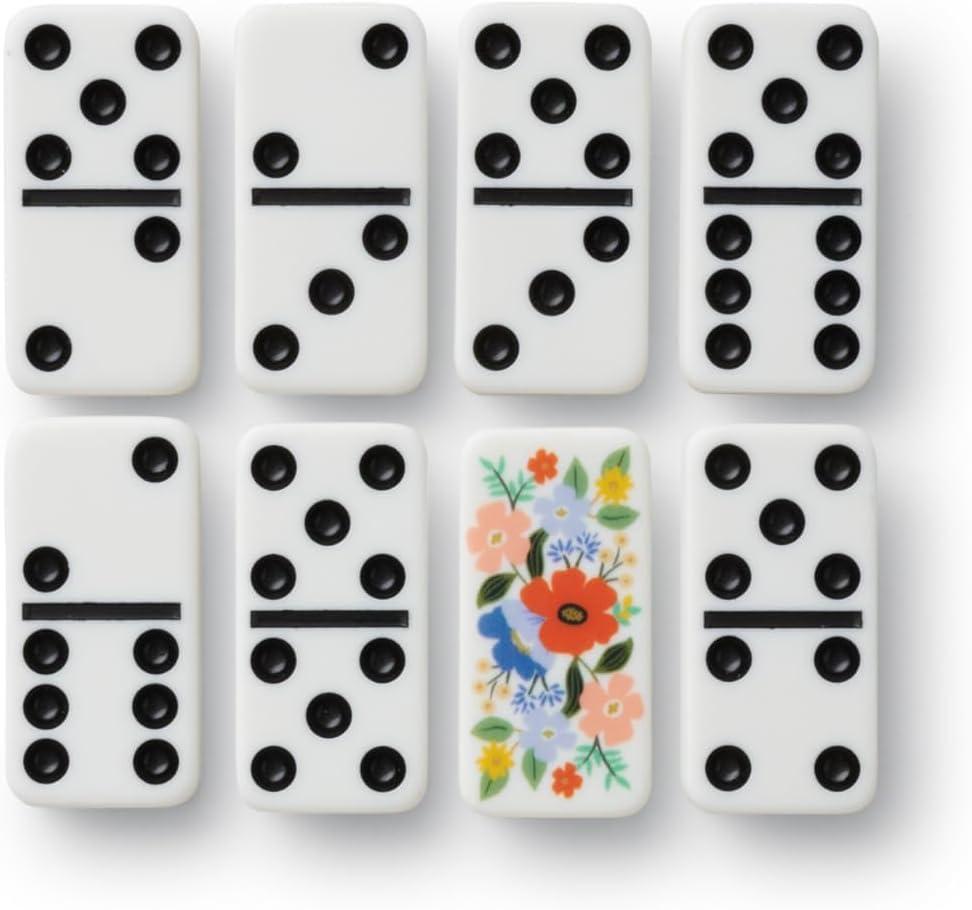 imageRIFLE PAPER CO Dominoes Set 28 Dominoes with Illustrated Designs Packaged in Embroidered Keepsake Box Includes Instruction Card for Games Strawberry Fields