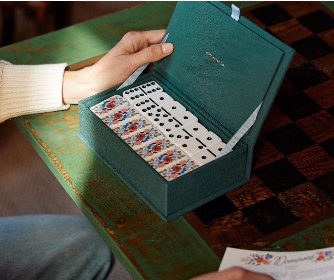 imageRIFLE PAPER CO Dominoes Set 28 Dominoes with Illustrated Designs Packaged in Embroidered Keepsake Box Includes Instruction Card for Games Strawberry Fields