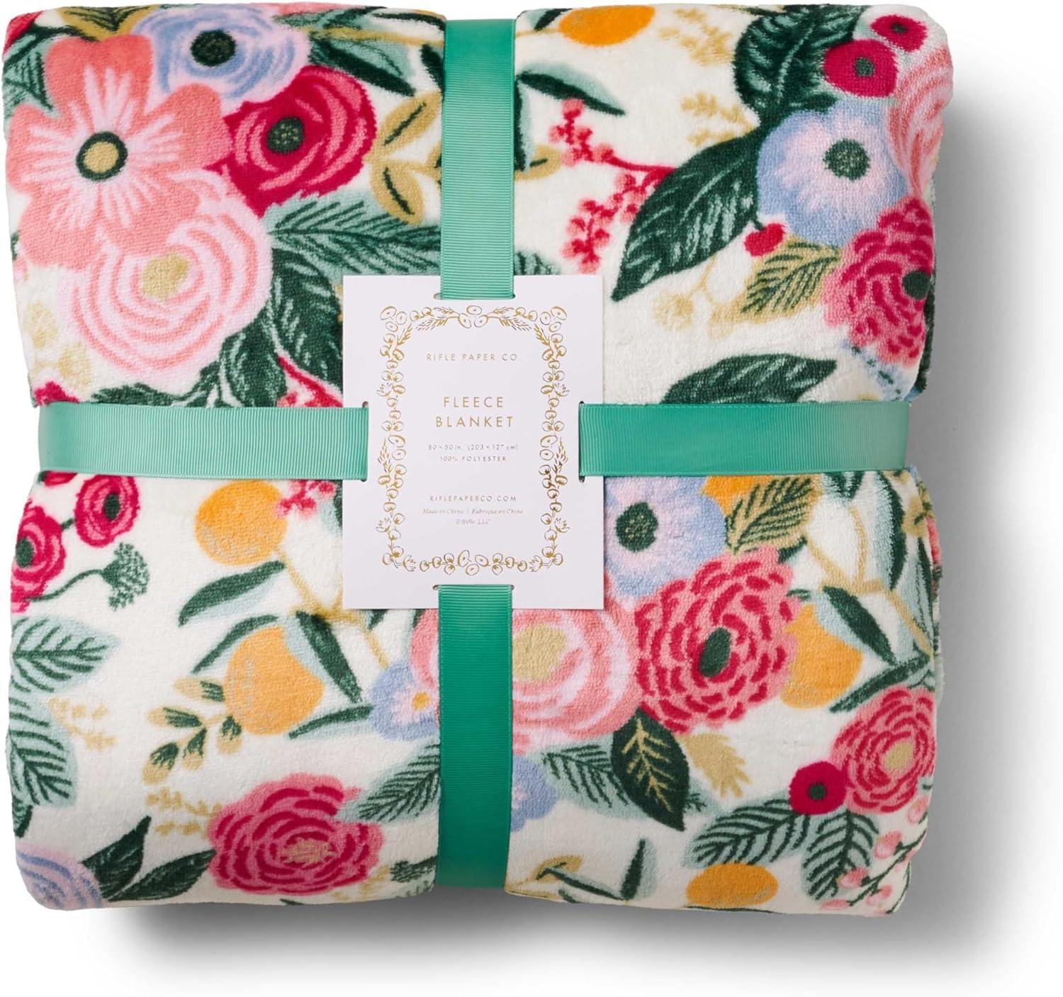 imageRIFLE PAPER CO Fleece Blanket Cozy Up in This Soft Screen Printed Floral Decorative Throw for a Layer of Warmth 100 Polyester 80quot W X 50quot L RosaJuniper Forest