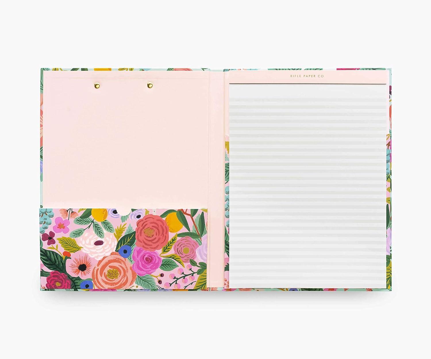imageRIFLE PAPER CO Garden Party Clipfolio Illustrated Hardcover and Contrasting Interior Features Strong Gold Clip on The Front Comes with Writing Pad with 50 Lined Perforated SheetsGarden Party