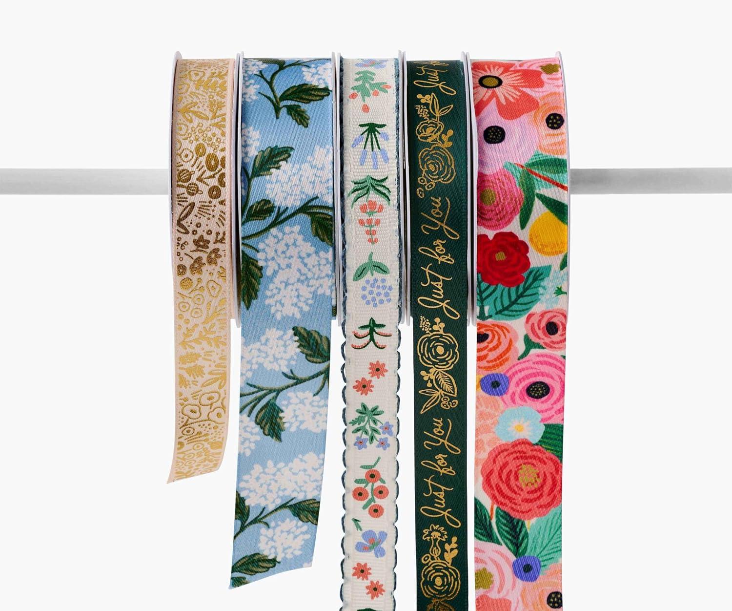 imageRIFLE PAPER CO Garden Party Floral Ribbon Set for Crafts and Gift Wrapping 5 Patterns 4 Satin and 1 Grosgrain Fabric Printed in Full Color with Metallic Gold Accents 5 Yards EachGarden Party