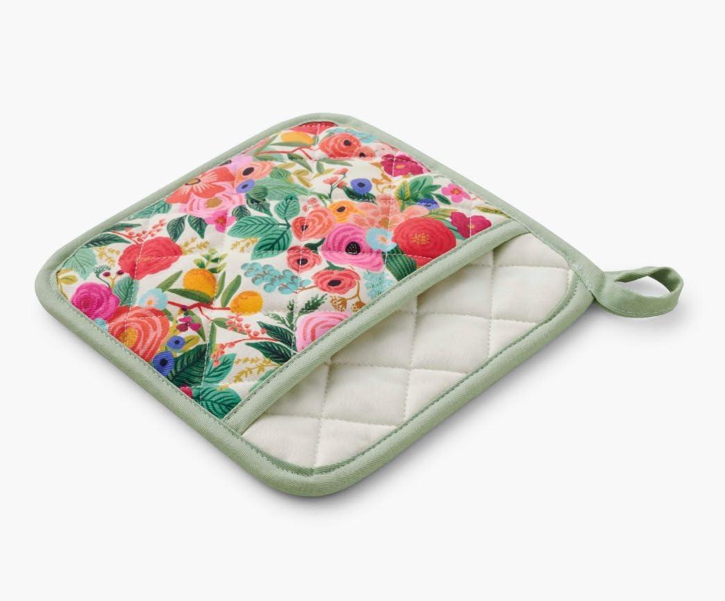 imageRIFLE PAPER CO Garden Party Oven Mitt and Potholder Set HandPainted Floral Design 100 Cotton Shell Polycotton Lining HeatResistant to 450F Diamond Quilted Machine Washable Hanging Loop