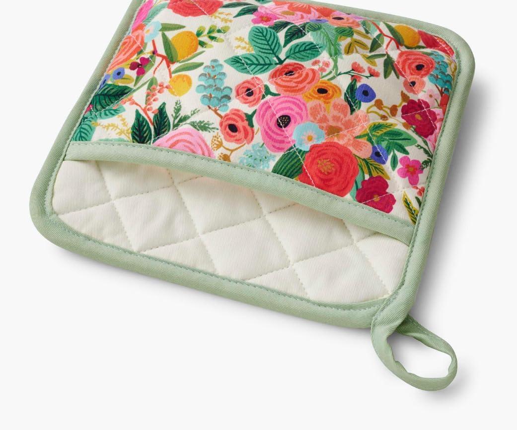 imageRIFLE PAPER CO Garden Party Oven Mitt and Potholder Set HandPainted Floral Design 100 Cotton Shell Polycotton Lining HeatResistant to 450F Diamond Quilted Machine Washable Hanging Loop