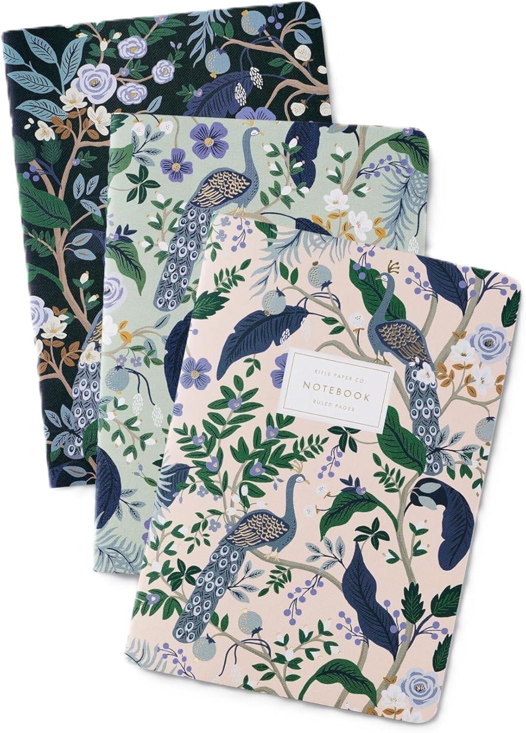 imageRIFLE PAPER CO Garden Party Stitched Notebook Set Set Of 3 Colorful Notebooks 64 Ruled Pages With Gold Ink Full Color Canvas Cover With White Text Paper Interior 6quot W 85quot LPeacock