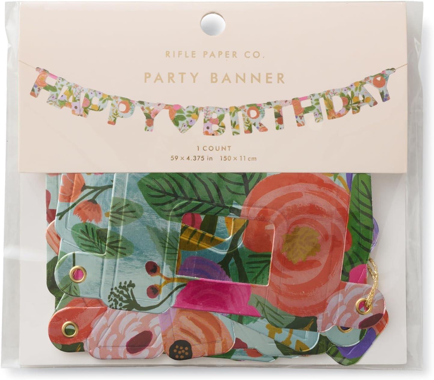 imageRIFLE PAPER CO Happy Birthday Banner 52quot L x 4375quot H Decoration for Events Celebrations Holidays and Parties Stylish Metallized Paper Garden Party