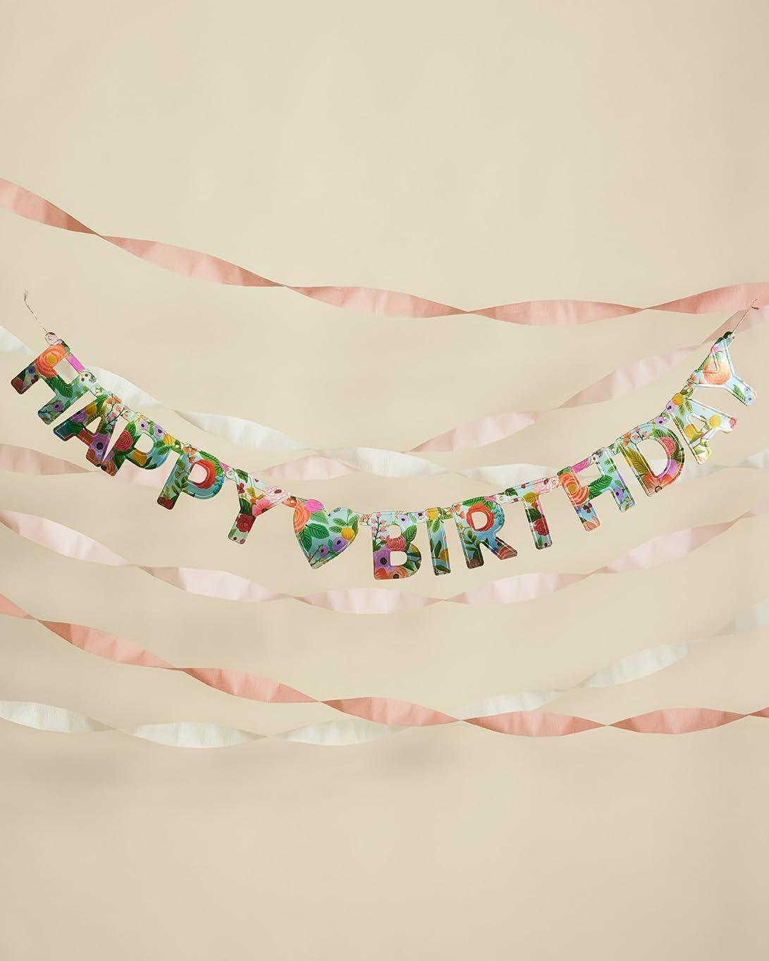 imageRIFLE PAPER CO Happy Birthday Banner 52quot L x 4375quot H Decoration for Events Celebrations Holidays and Parties Stylish Metallized Paper Garden Party