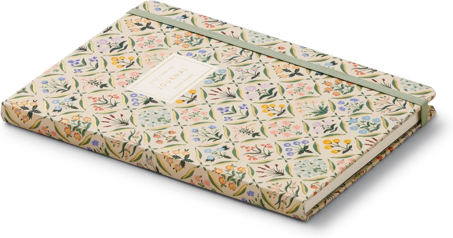 imageRIFLE PAPER CO Journal with Pen Hardcover Journal with Foil Accents 144 Pages Elastic Band Closure Pocket for Extra Storage Patterned in Floral RosaEstee