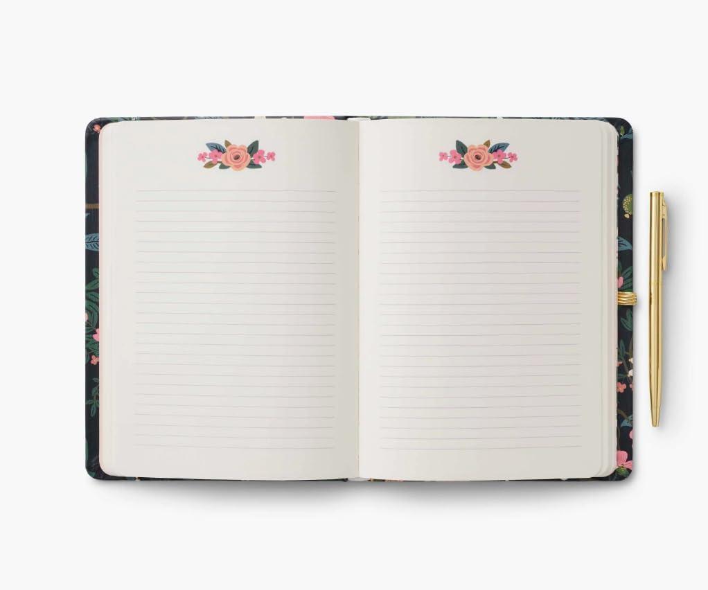 imageRIFLE PAPER CO Journal with Pen Hardcover Journal with Foil Accents 144 Pages Elastic Band Closure Pocket for Extra Storage Patterned in Floral RosaPeacock
