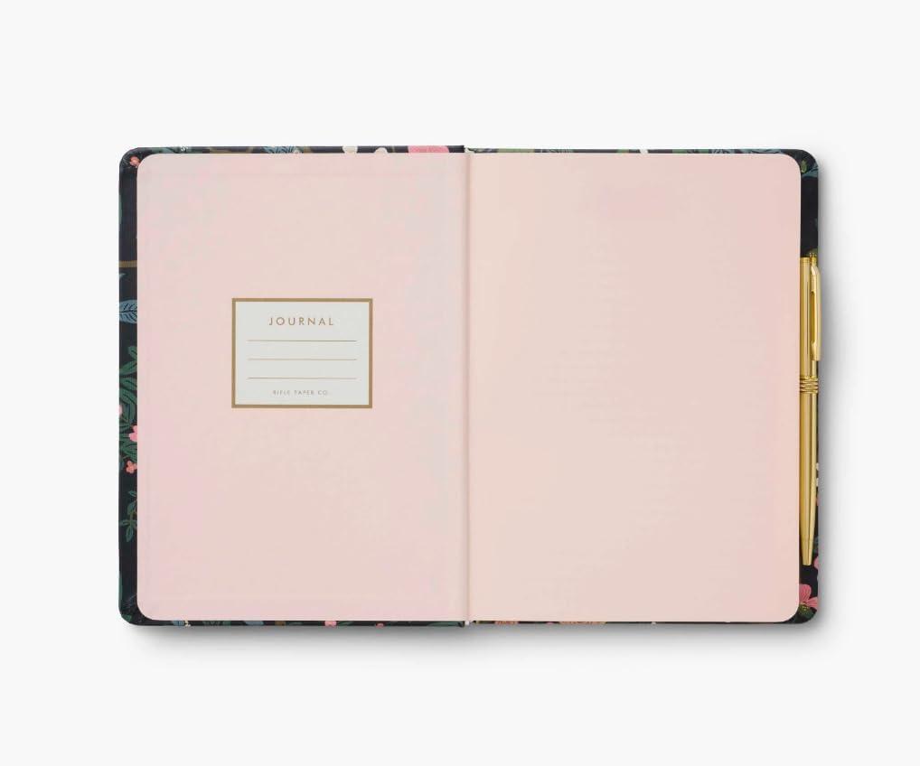 imageRIFLE PAPER CO Journal with Pen Hardcover Journal with Foil Accents 144 Pages Elastic Band Closure Pocket for Extra Storage Patterned in Floral RosaPeacock