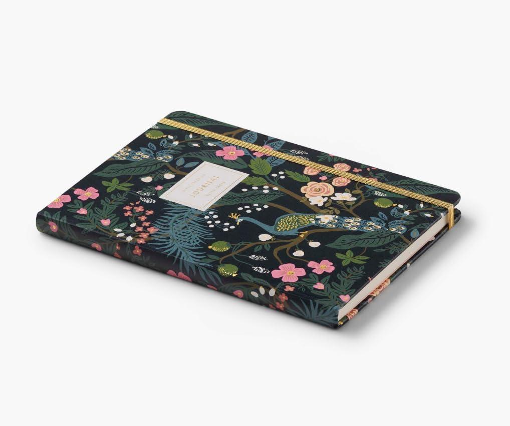 imageRIFLE PAPER CO Journal with Pen Hardcover Journal with Foil Accents 144 Pages Elastic Band Closure Pocket for Extra Storage Patterned in Floral RosaPeacock