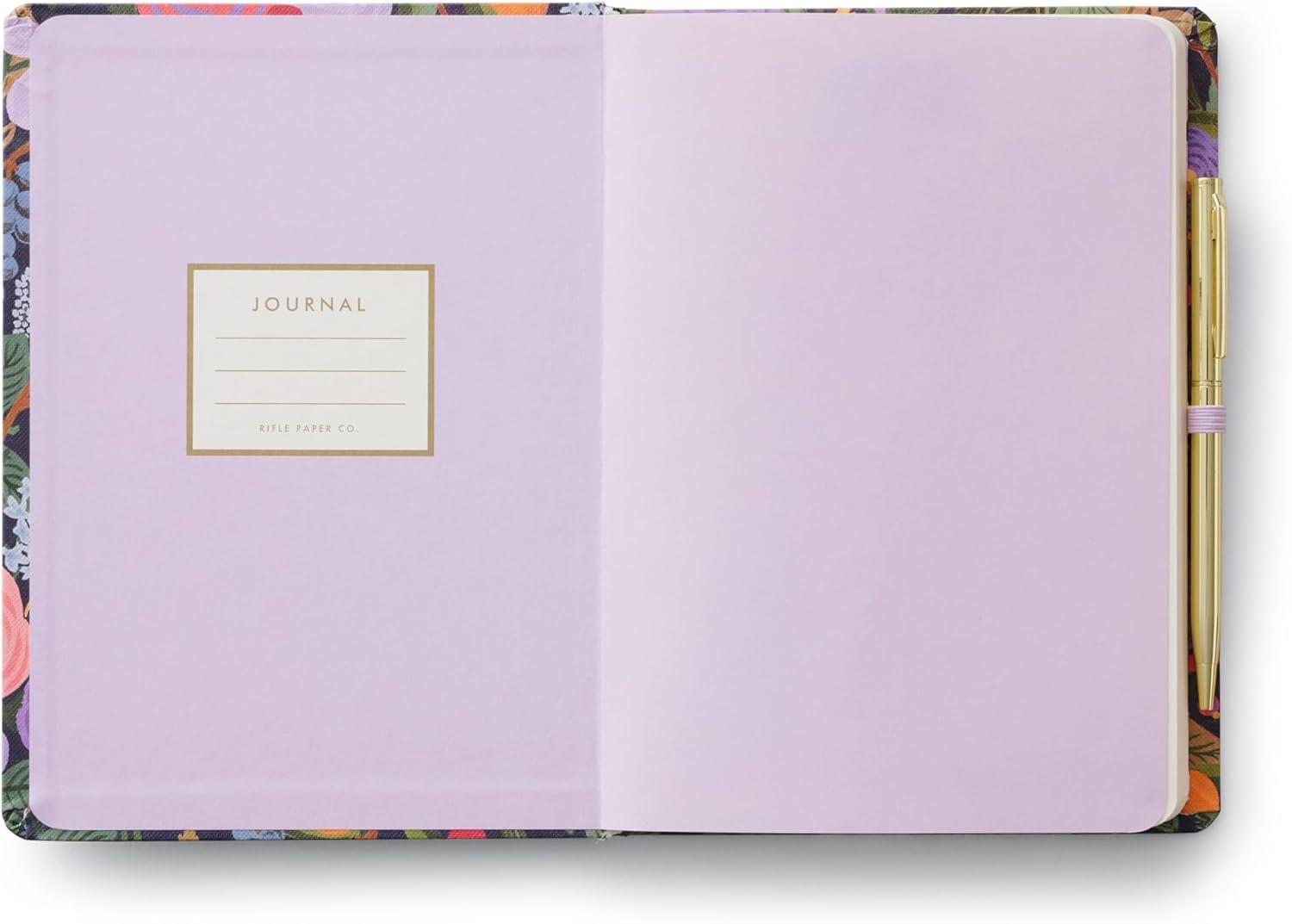 imageRIFLE PAPER CO Journal with Pen Hardcover Journal with Foil Accents 144 Pages Elastic Band Closure Pocket for Extra Storage Patterned in Floral RosaViolet Garden Party