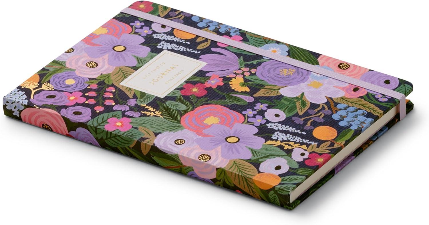 imageRIFLE PAPER CO Journal with Pen Hardcover Journal with Foil Accents 144 Pages Elastic Band Closure Pocket for Extra Storage Patterned in Floral RosaViolet Garden Party