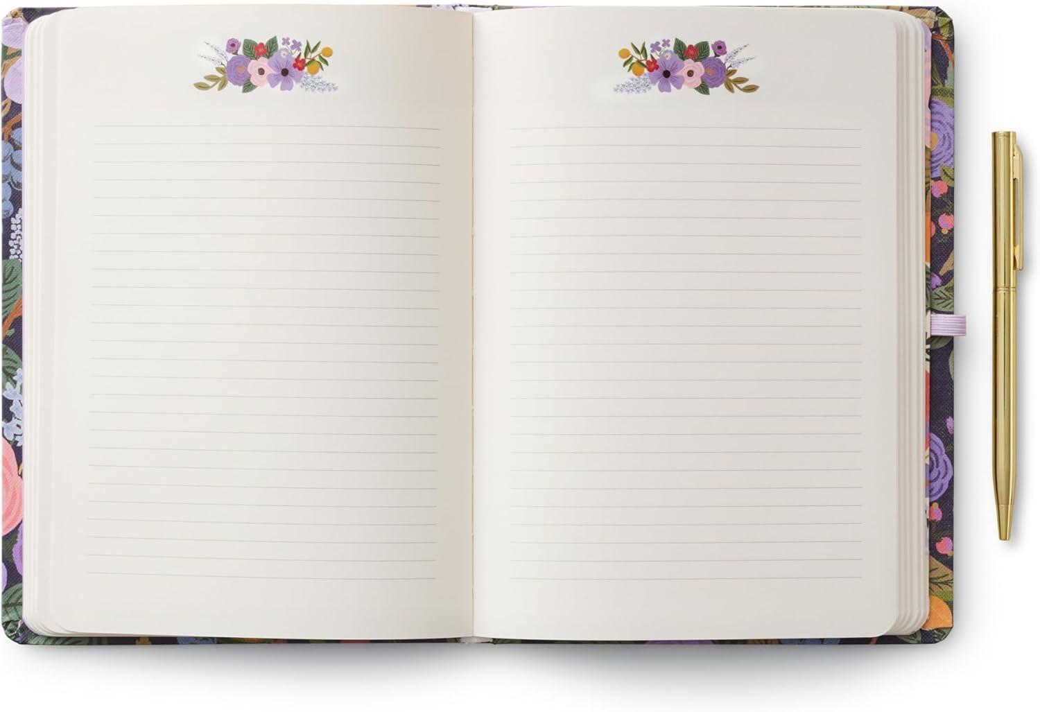 imageRIFLE PAPER CO Journal with Pen Hardcover Journal with Foil Accents 144 Pages Elastic Band Closure Pocket for Extra Storage Patterned in Floral RosaViolet Garden Party