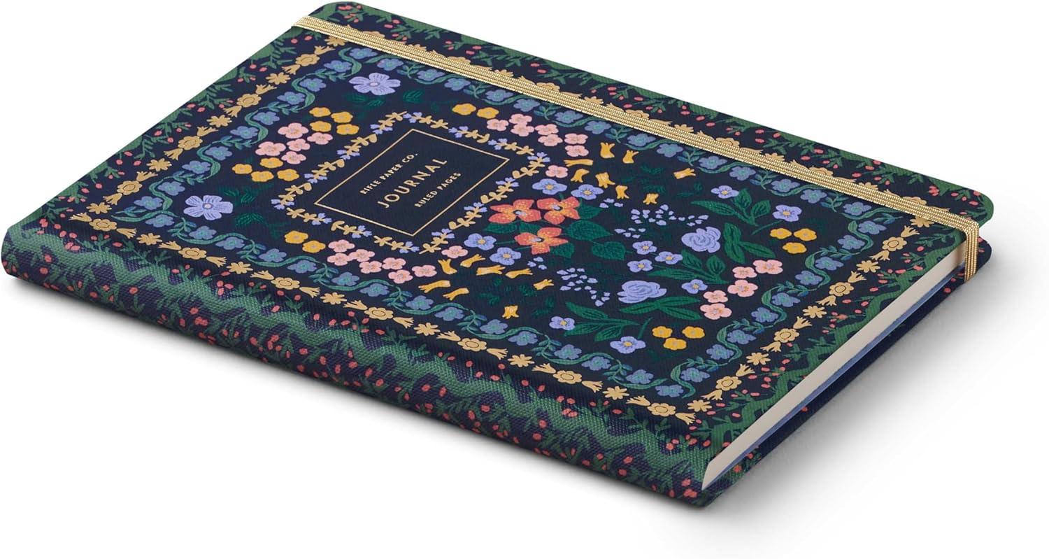 imageRIFLE PAPER CO Journal with Pen Hardcover Journal with Foil Accents 144 Pages Elastic Band Closure Pocket for Extra Storage Patterned in Floral RosaWildwood