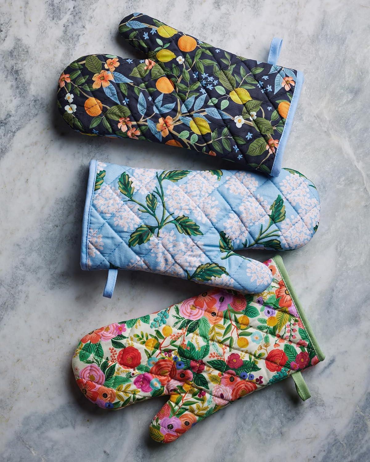 imageRIFLE PAPER CO Oven Mitt Set 100 Cotton Heat Resistant Oven Glove Protects from Temperatures Up to 450 Fahrenheit Diamond Quilted 12quot L x 7quot W Hydrangea