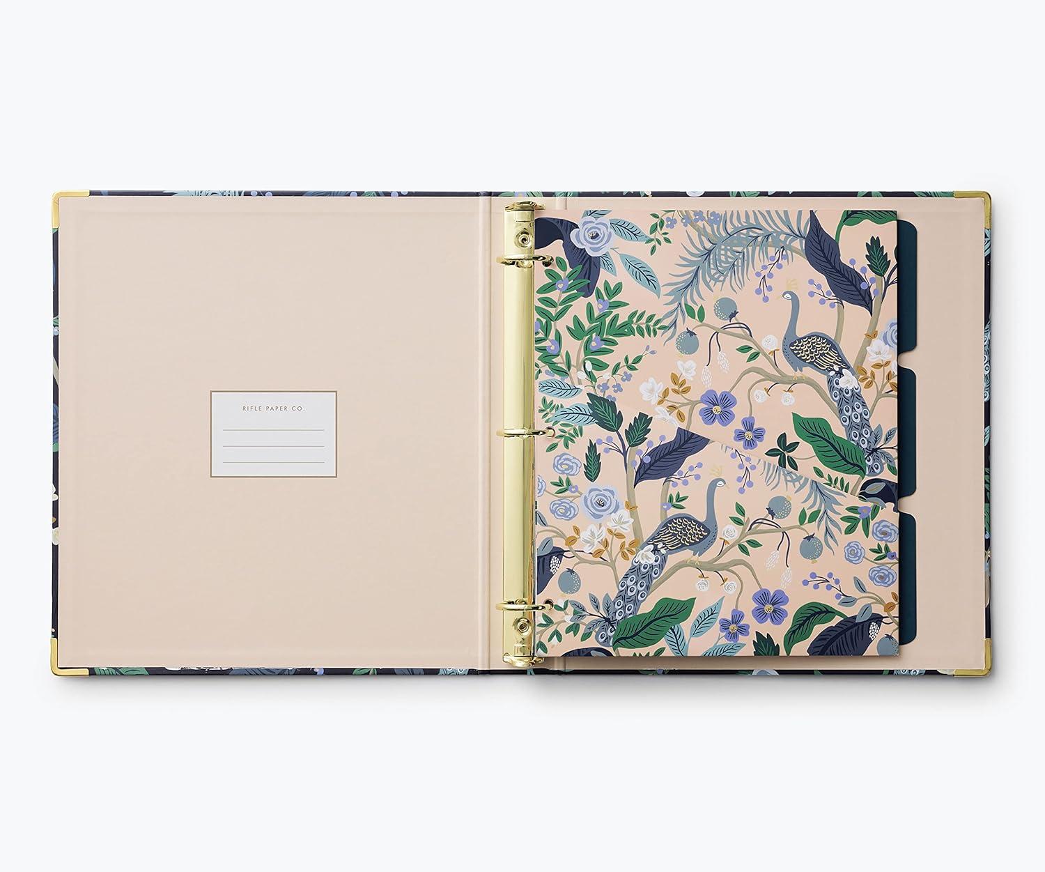 imageRIFLE PAPER CO Peacock Classic Binder 1quot ThreeRing Binder with Soft Touch Illustrated Deep Blue Cover Holds 175 Pages 3 Tabbed Dividers and 6 Adhesive Labels Reinforced Metal CornersPeacock