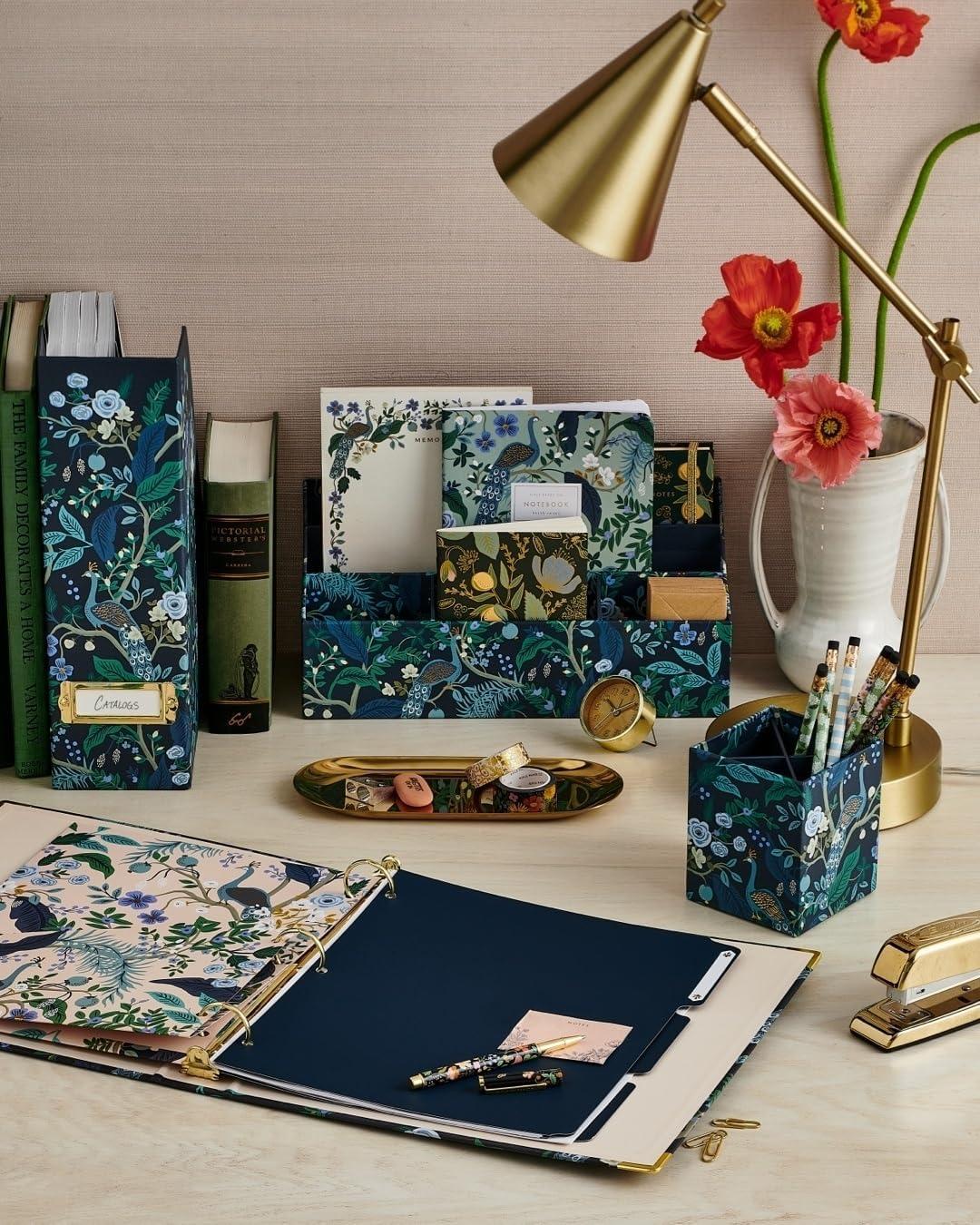 imageRIFLE PAPER CO Peacock Classic Binder 1quot ThreeRing Binder with Soft Touch Illustrated Deep Blue Cover Holds 175 Pages 3 Tabbed Dividers and 6 Adhesive Labels Reinforced Metal CornersPeacock