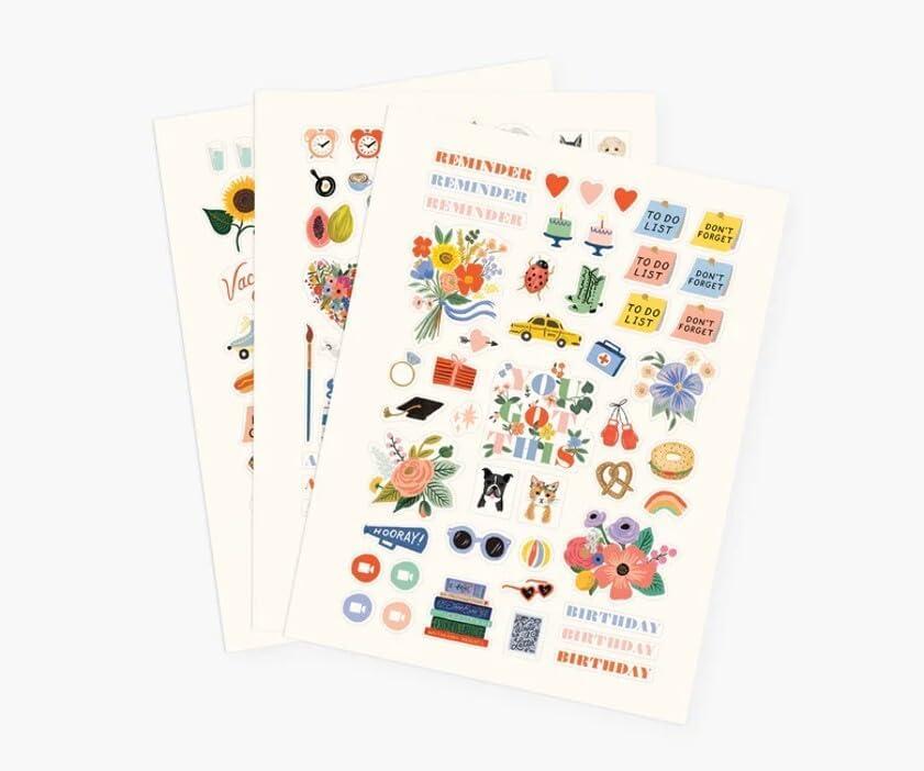 imageRIFLE PAPER CO Planner Sticker Set 3 Sheets of Stickers 130 Total Decorate Notebooks Planners Gifts or Envelopes Fun Designs for Multiple Occasions