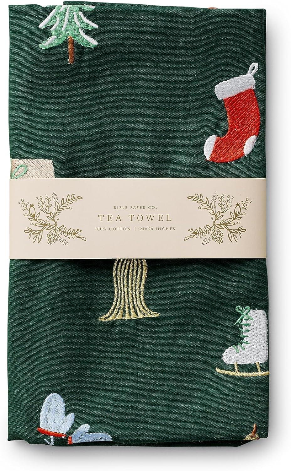 imageRIFLE PAPER CO Signs of The Season Embroidered Tea Towel Introduce Holiday Spirit into Your Kitchen with Vibrant Screen Printed Festive Towels Added Loop Made from CottonSigns of the Season