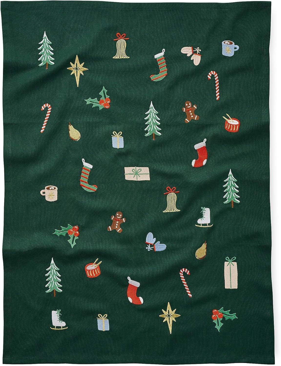 imageRIFLE PAPER CO Signs of The Season Embroidered Tea Towel Introduce Holiday Spirit into Your Kitchen with Vibrant Screen Printed Festive Towels Added Loop Made from CottonSigns of the Season