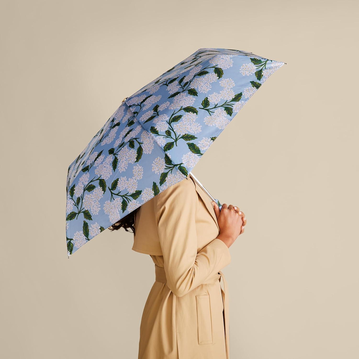 imageRIFLE PAPER CO Umbrella  Matching Storage Sleeve Portable Fold Up Size Auto Open and Close Wooden Handle 43quot Open Diameter Printed in Full Color 11quot Closed Length Hydrangea