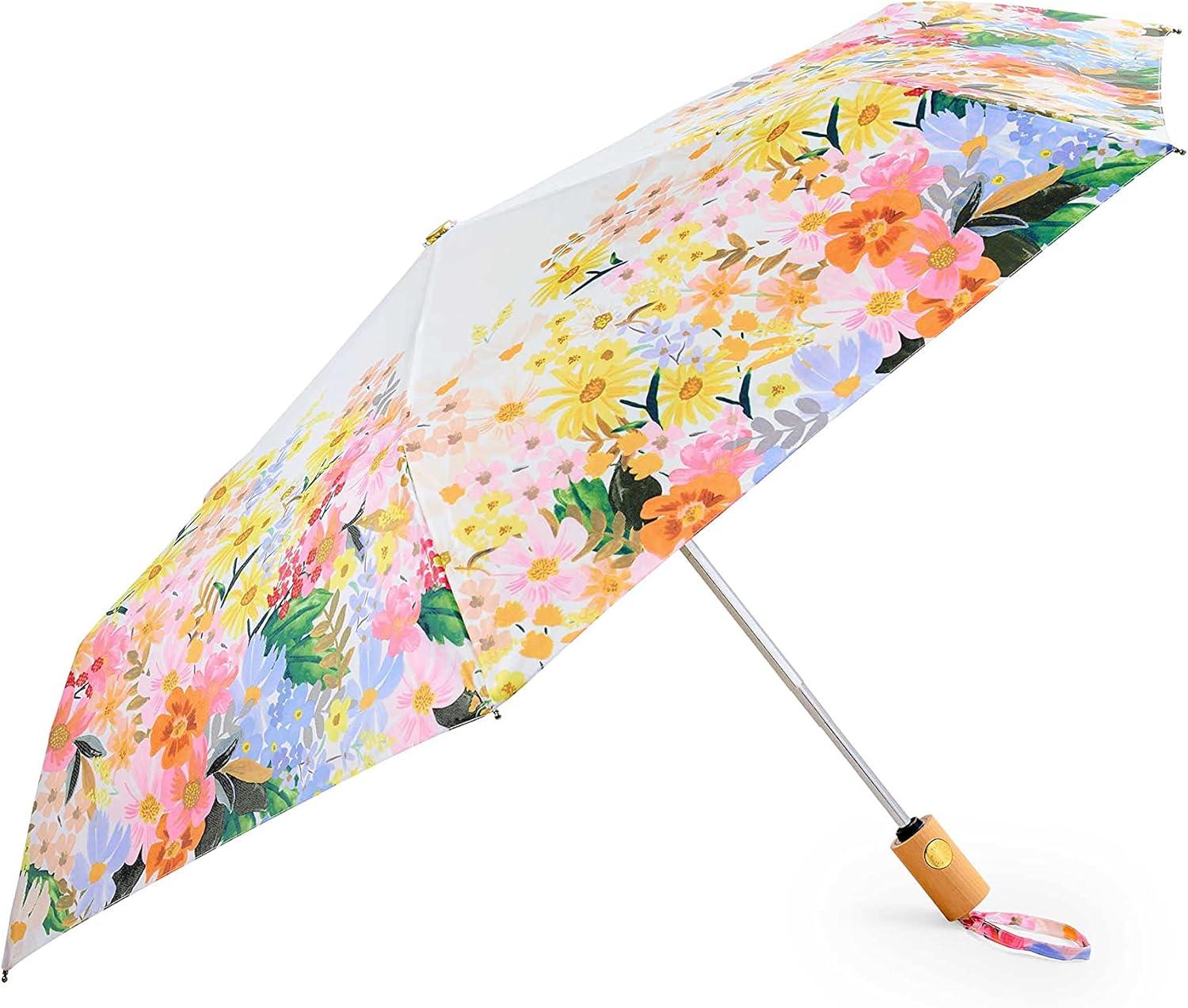 imageRIFLE PAPER CO Umbrella  Matching Storage Sleeve Portable Fold Up Size Auto Open and Close Wooden Handle 43quot Open Diameter Printed in Full Color 11quot Closed Length Marguerite