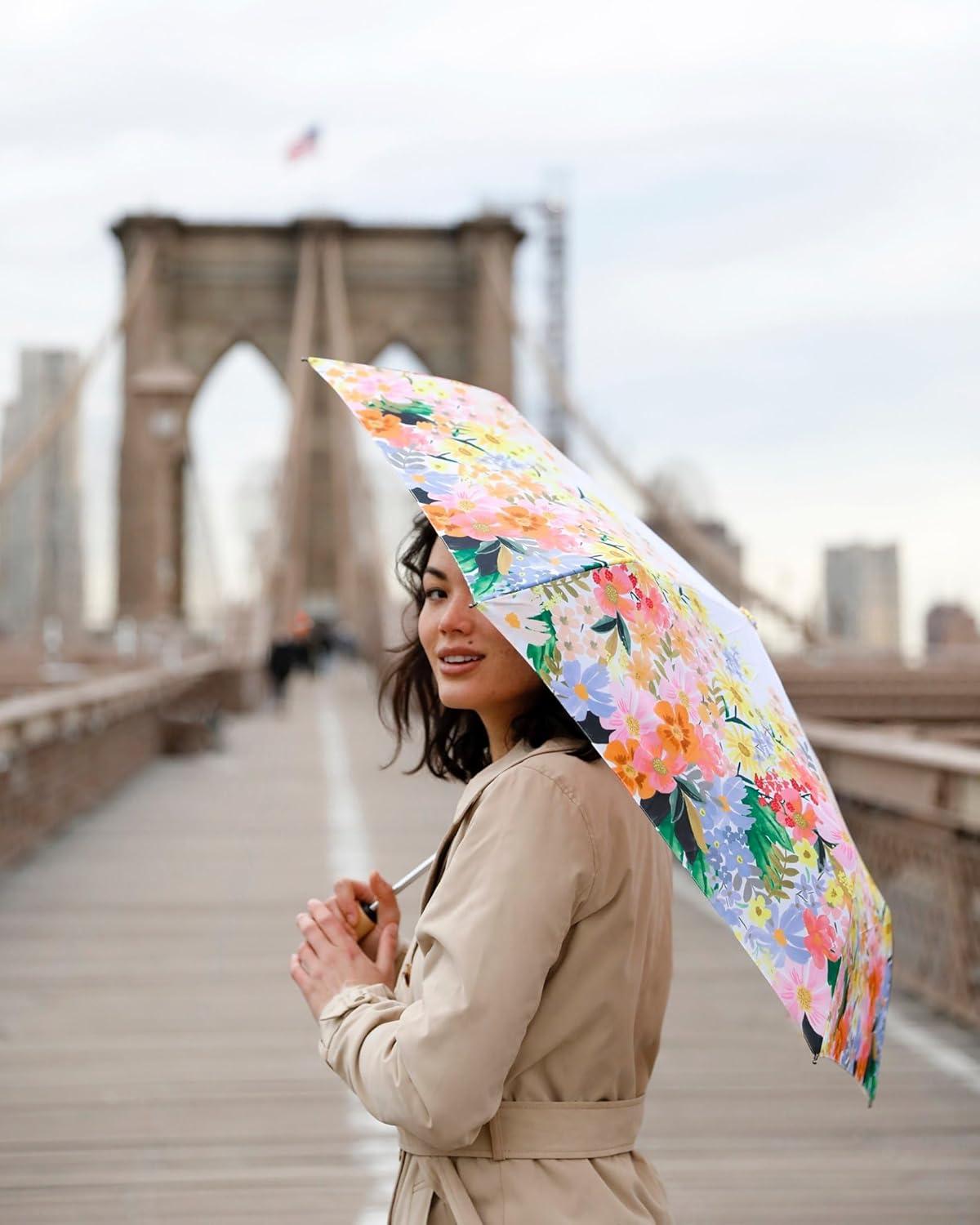 imageRIFLE PAPER CO Umbrella  Matching Storage Sleeve Portable Fold Up Size Auto Open and Close Wooden Handle 43quot Open Diameter Printed in Full Color 11quot Closed Length Marguerite