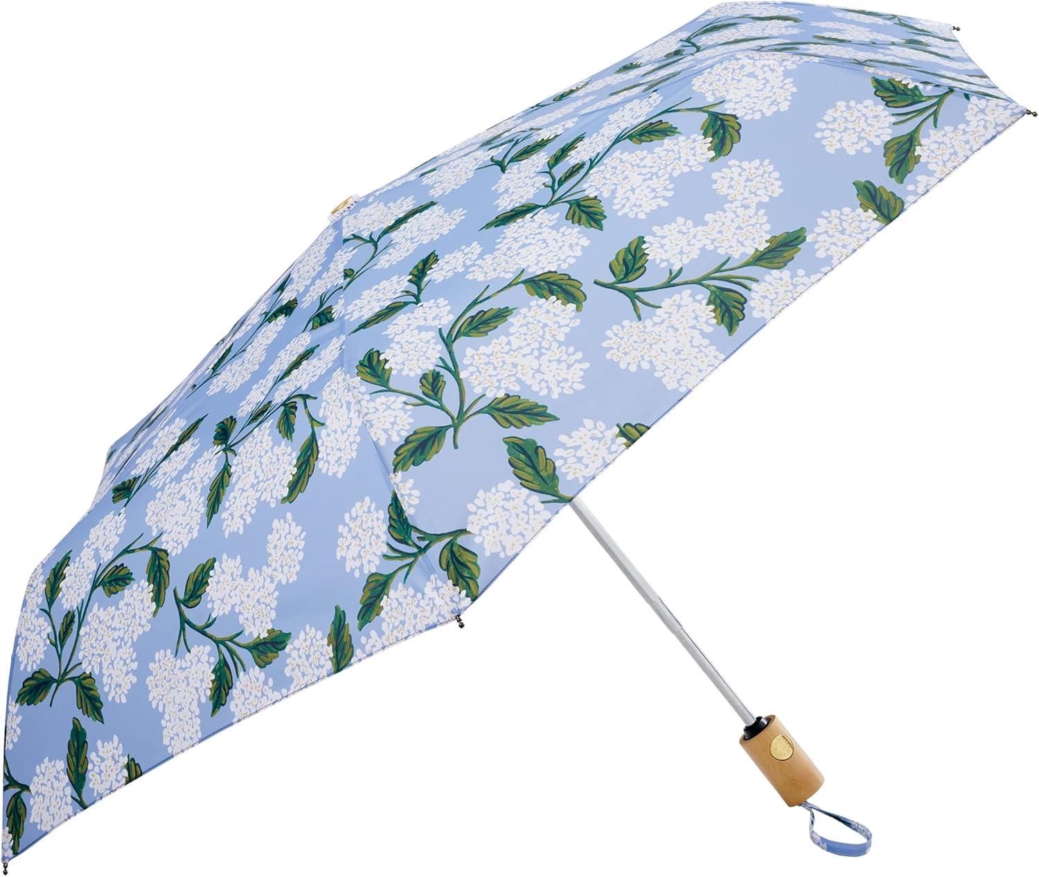 imageRIFLE PAPER CO Umbrella  Matching Storage Sleeve Portable Fold Up Size Auto Open and Close Wooden Handle 43quot Open Diameter Printed in Full Color 11quot Closed Length Hydrangea