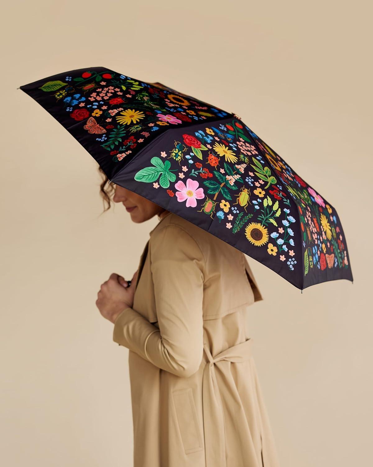 imageRIFLE PAPER CO Umbrella Matching Storage Sleeve Portable Auto Open and Close Wooden Handle Printed in Full ColorCurio