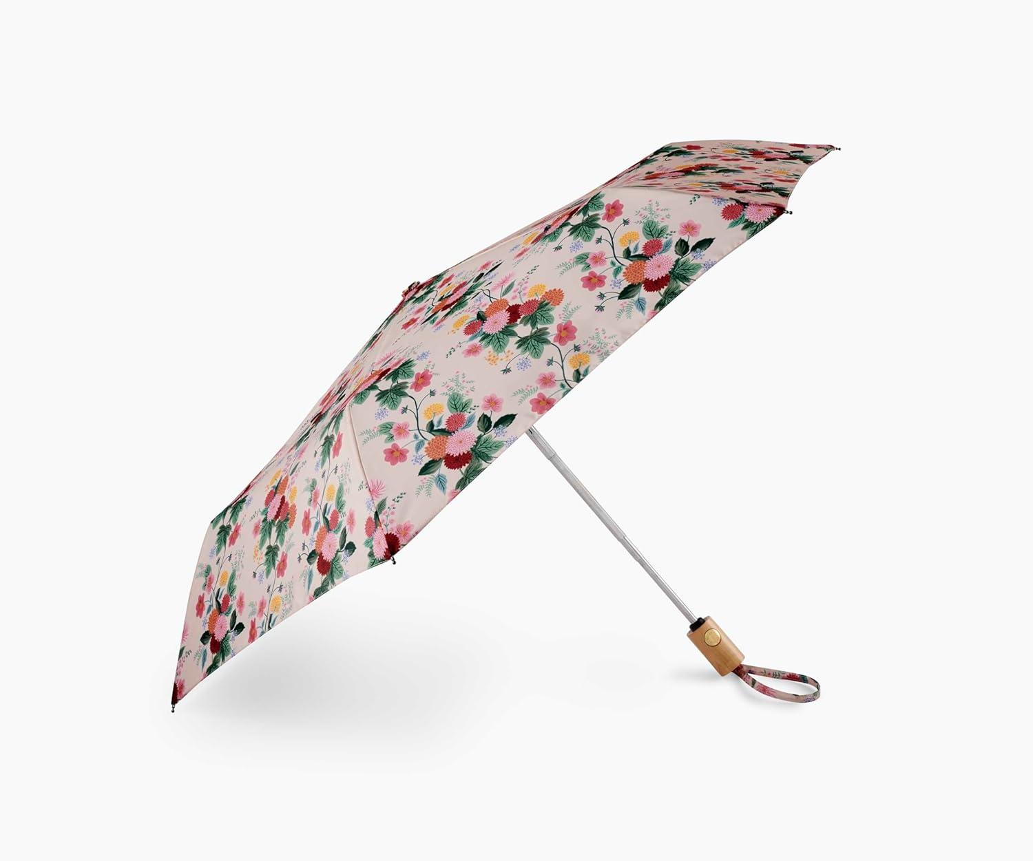 imageRIFLE PAPER CO Umbrella Matching Storage Sleeve Portable Auto Open and Close Wooden Handle Printed in Full ColorDahlia