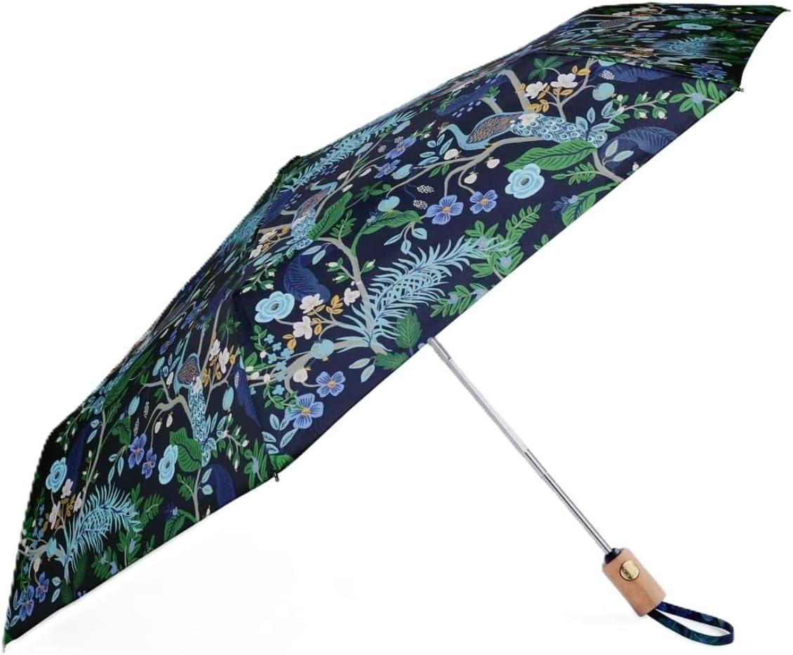 imageRIFLE PAPER CO Umbrella Matching Storage Sleeve Portable Auto Open and Close Wooden Handle Printed in Full ColorPeacock
