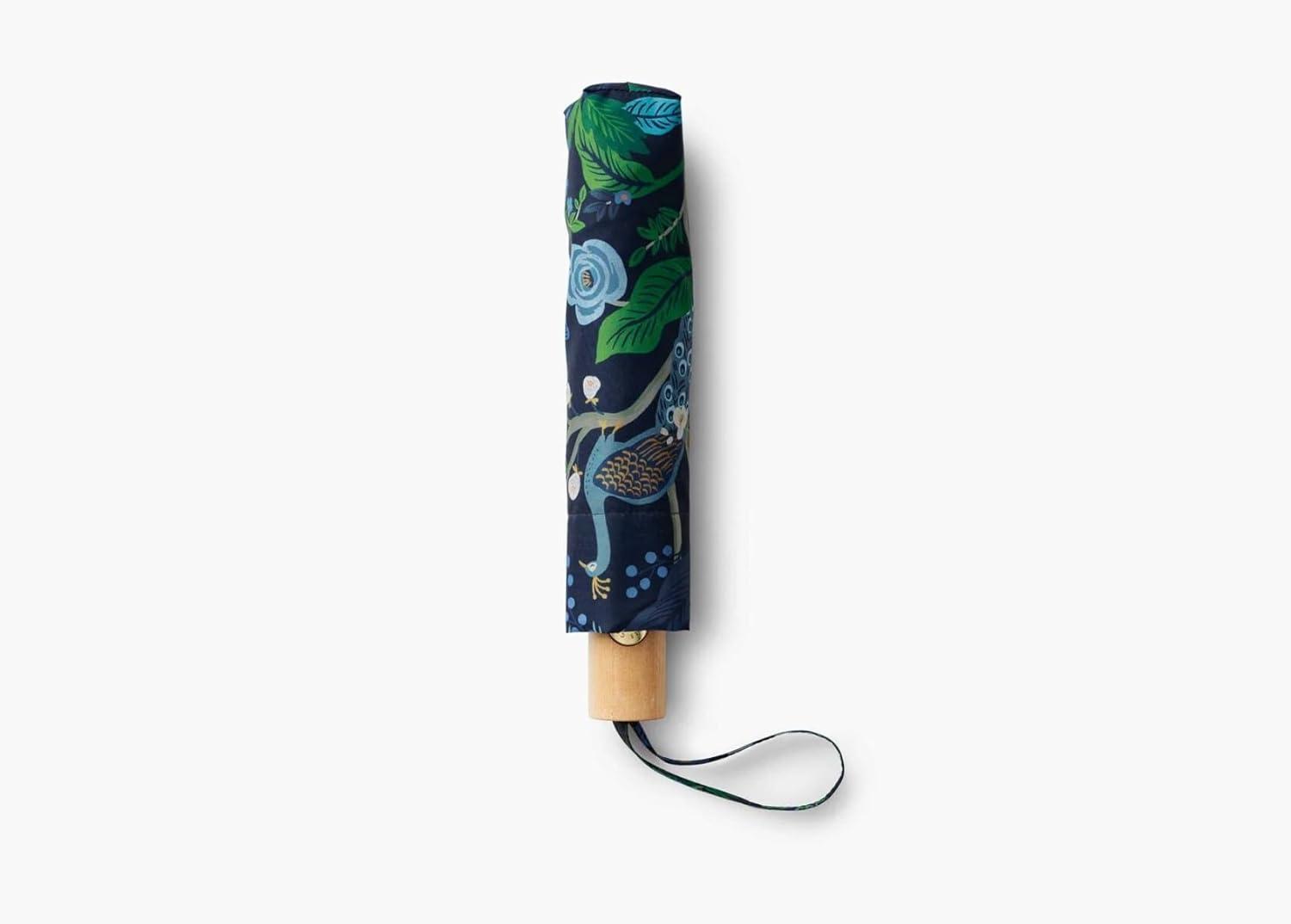 imageRIFLE PAPER CO Umbrella Matching Storage Sleeve Portable Auto Open and Close Wooden Handle Printed in Full ColorPeacock