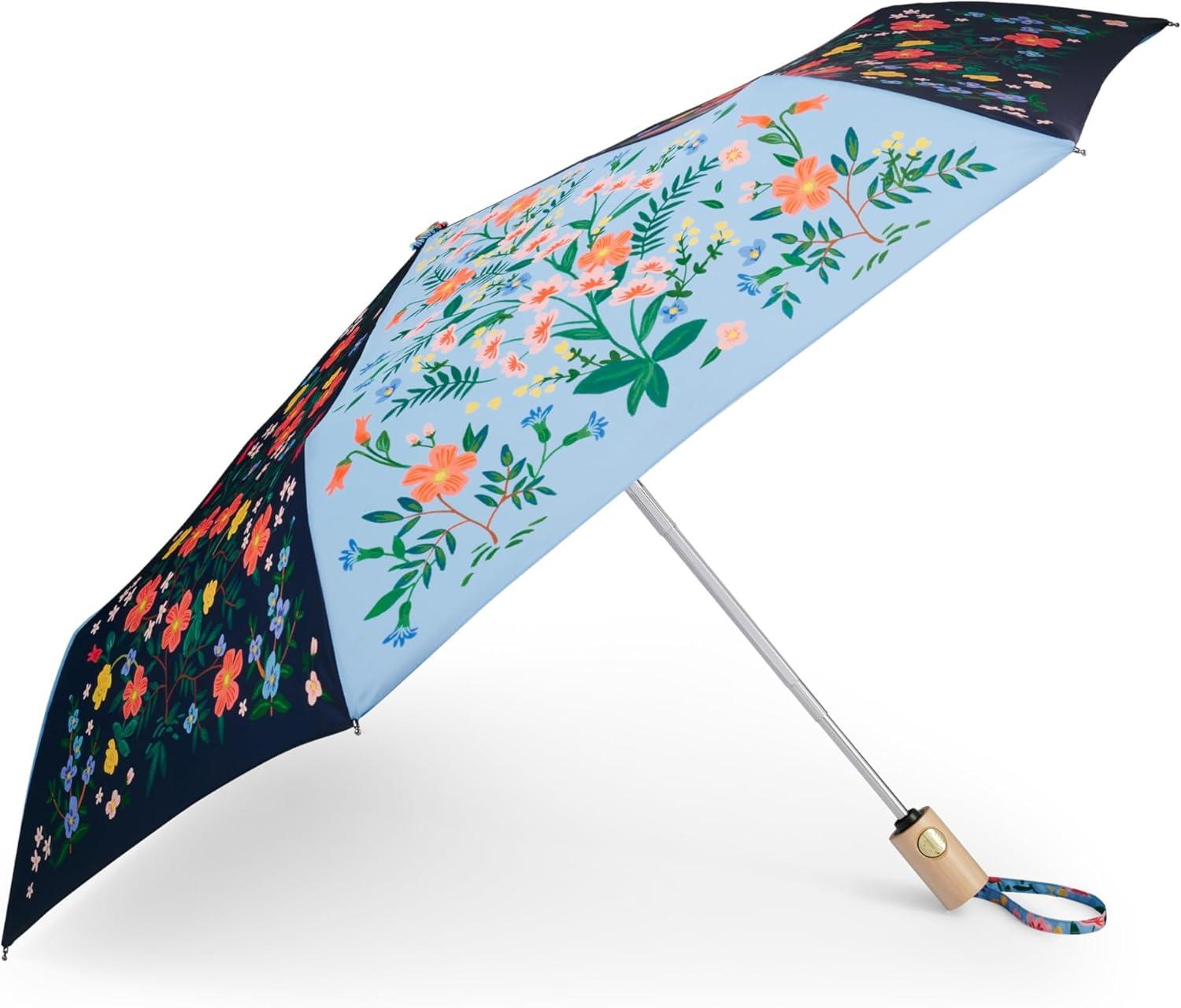 imageRIFLE PAPER CO Umbrella Matching Storage Sleeve Portable Auto Open and Close Wooden Handle Printed in Full ColorWildwood Colorblock