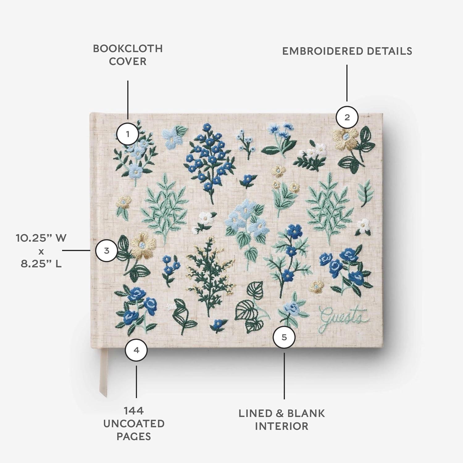 imageRIFLE PAPER CO Wildwood Embroidered Fabric Guest Book Hard Cover Wrapped in Book Cloth ampamp Grosgrain Ribbon Bookmark LayFlat Binding 144 Ruled Pages with Metallic Gold Ink 8quot L x 575quot WWildwood