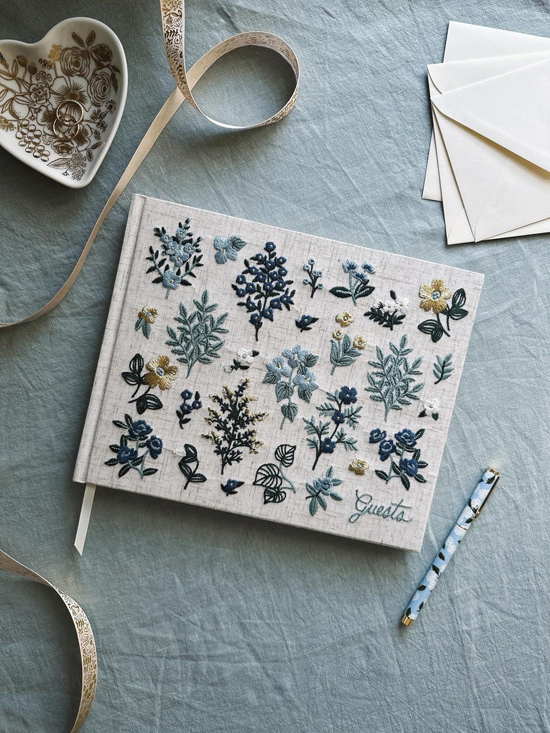 imageRIFLE PAPER CO Wildwood Embroidered Fabric Guest Book Hard Cover Wrapped in Book Cloth ampamp Grosgrain Ribbon Bookmark LayFlat Binding 144 Ruled Pages with Metallic Gold Ink 8quot L x 575quot WWildwood