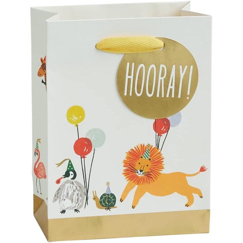 imageParty Animals Small Gift Bag Bundle Set of 6 with Handles Uncoated Paper Gold foil Cotton Ribbon and Gift Tag Jungle Safari theme for Birthdays Holidays Goody Treat Bags and Party FavorsParty Animals